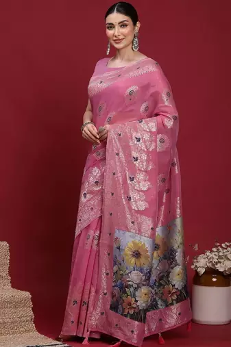 Pink ethnic motifs banarasi fastive saree