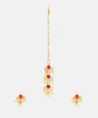 Gold plated kundan pink stone necklace set with maang tikka 3
