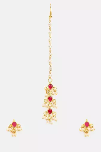 Gold plated kundan pink stone necklace set with maang tikka