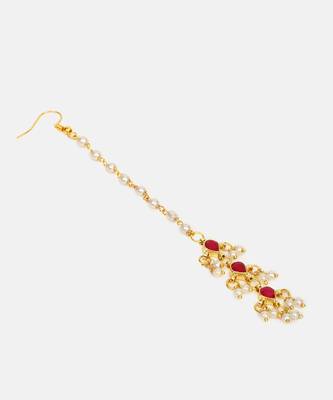 Gold plated kundan pink stone necklace set with maang tikka 4