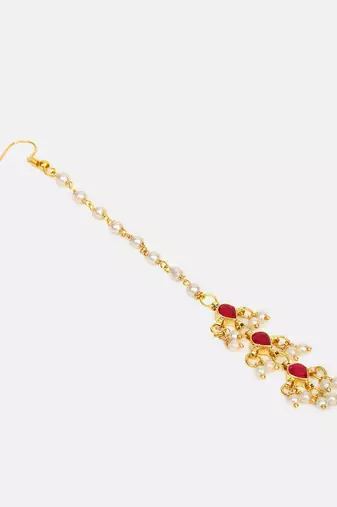 Gold plated kundan pink stone necklace set with maang tikka