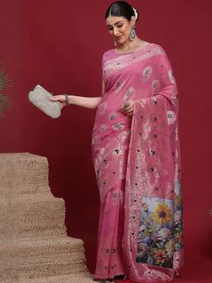 Pink ethnic motifs banarasi fastive saree 5