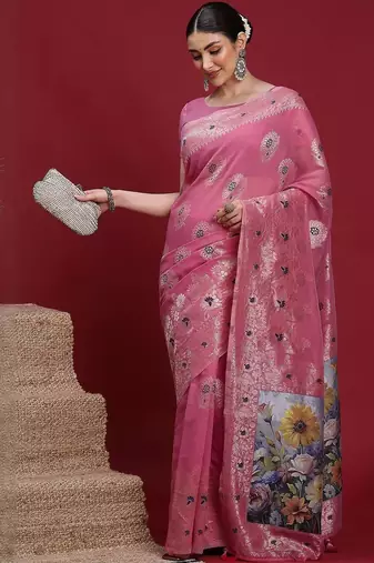 Pink ethnic motifs banarasi fastive saree