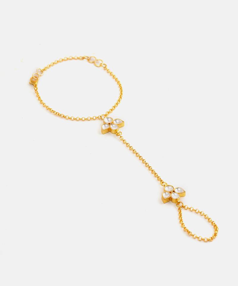 Gold plated kundan green stones necklace set with maang tikka and haathphool