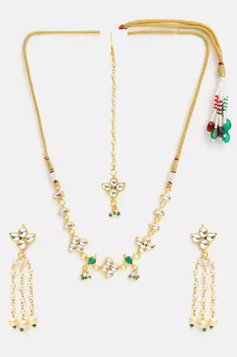 Gold plated kundan green stones necklace set with maang tikka and haathphool