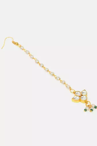 Gold plated kundan green stones necklace set with maang tikka and haathphool