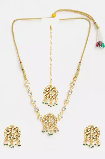Gold plated kundan green beaded necklace set with maang tikka