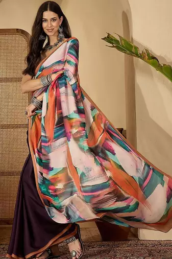 Multicolor multi satin printed sarees