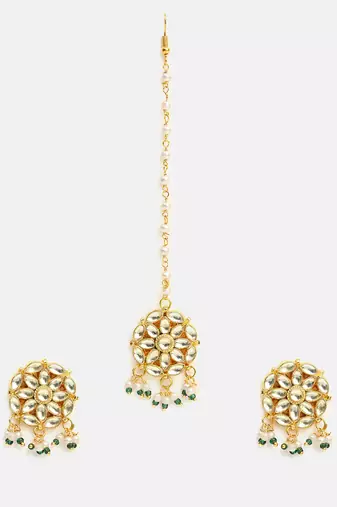 Gold plated kundan green beaded necklace set with maang tikka