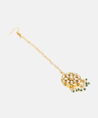 Gold plated kundan green beaded necklace set with maang tikka 5