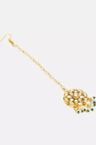 Gold plated kundan green beaded necklace set with maang tikka