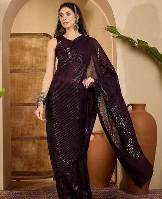 Purple embellished saree with unstitched blouse 1