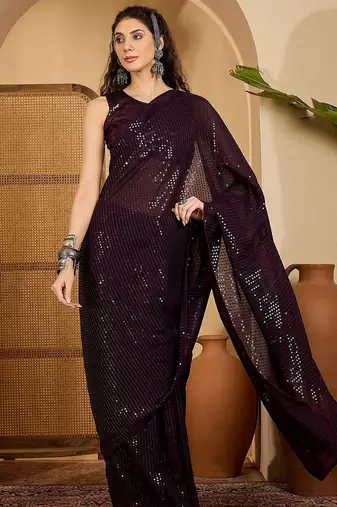 Purple embellished saree with unstitched blouse