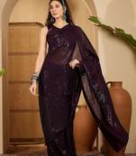 Purple embellished saree with unstitched blouse