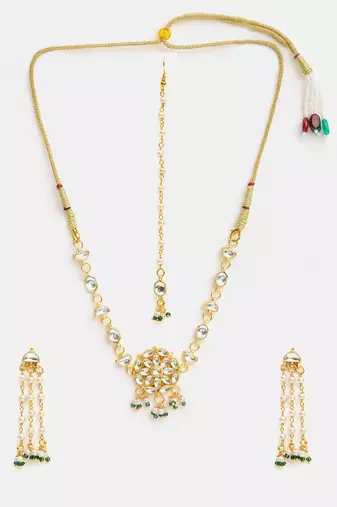 Gold plated kundan green beaded necklace set with maang tikka