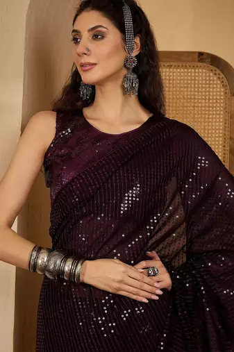 Purple embellished saree with unstitched blouse
