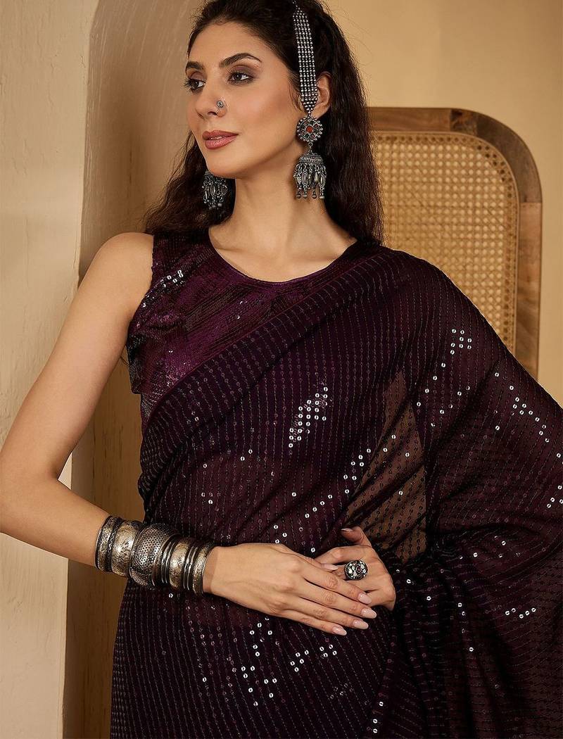 Purple embellished saree with unstitched blouse