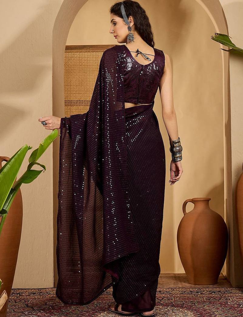 Purple embellished saree with unstitched blouse