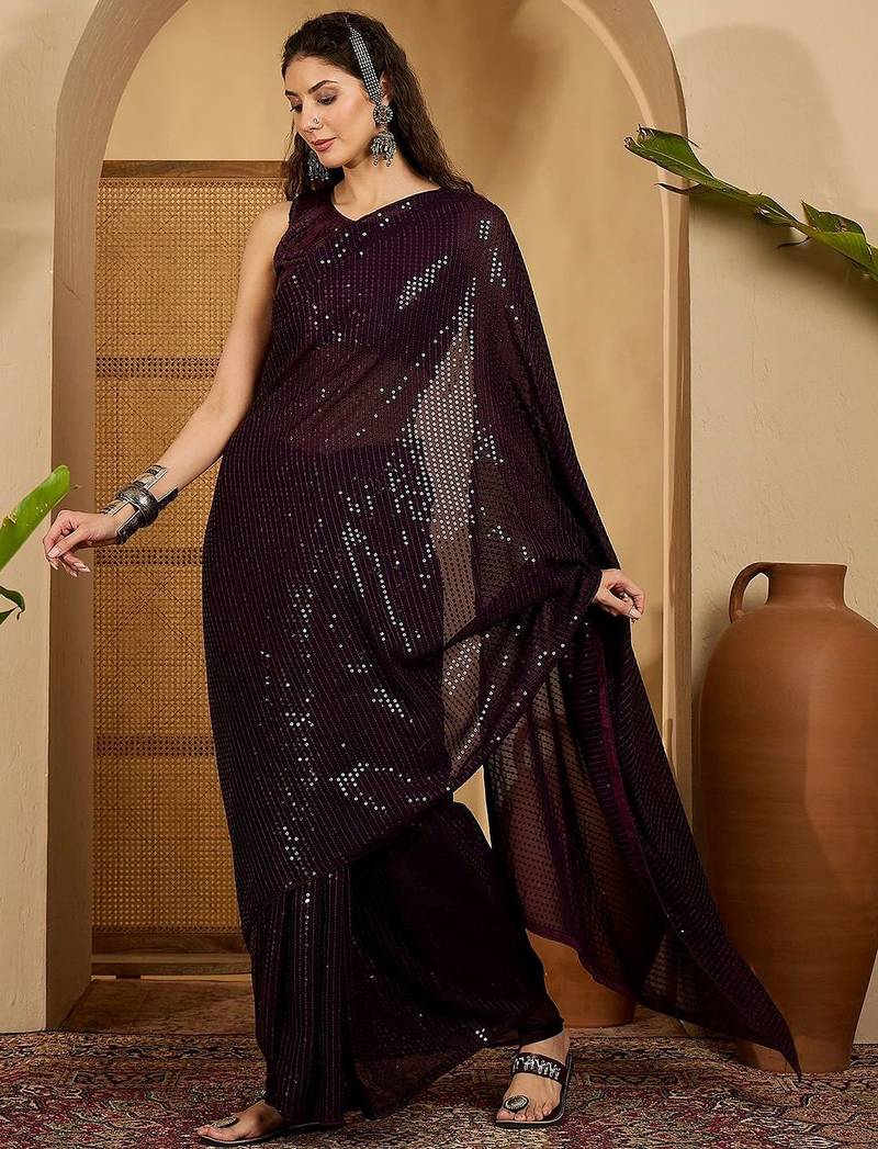 Purple embellished saree with unstitched blouse
