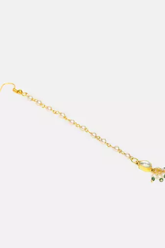 Gold plated kundan green beaded necklace set with maang tikka