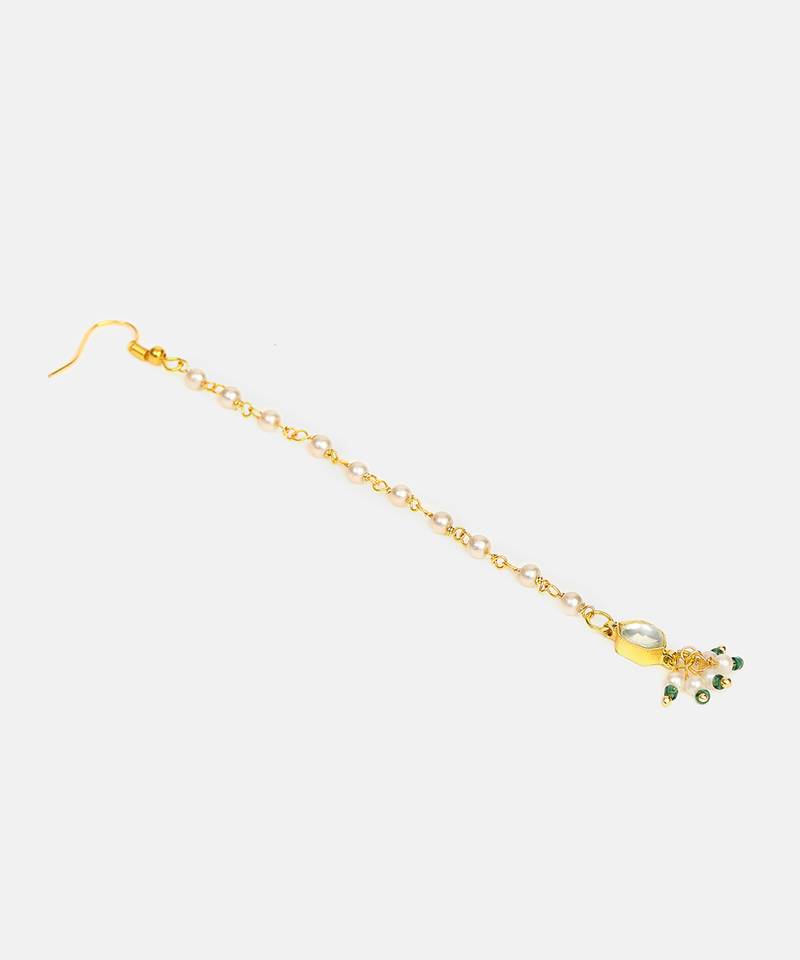 Gold plated kundan green beaded necklace set with maang tikka
