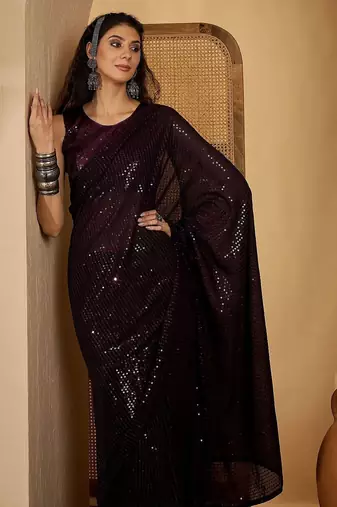 Purple embellished saree with unstitched blouse