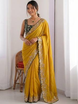 Mustard embroidered sequinned sarees with unstitched blouse piece 1