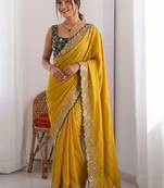Mustard embroidered sequinned sarees with unstitched blouse piece