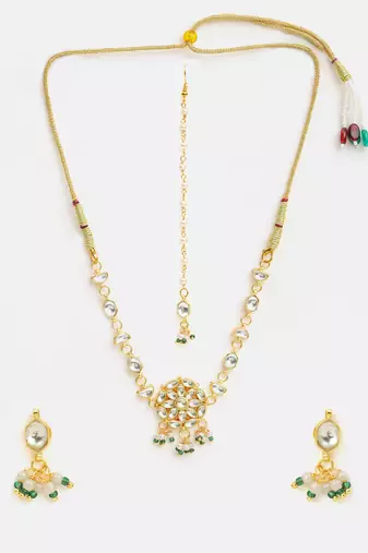 Gold plated kundan green beaded necklace set with maang tikka and haathphool