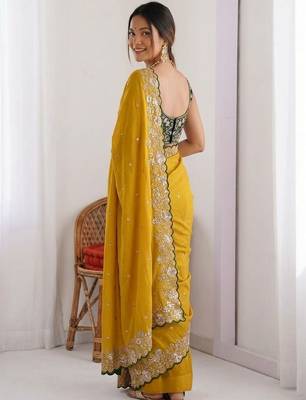 Mustard embroidered sequinned sarees with unstitched blouse piece 3