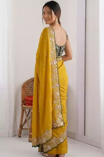 Mustard embroidered sequinned sarees with unstitched blouse piece
