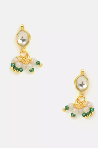 Gold plated kundan green beaded necklace set with maang tikka and haathphool