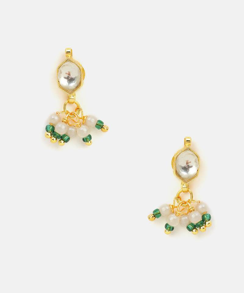 Gold plated kundan green beaded necklace set with maang tikka and haathphool