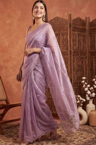 Lavender floral beads and stones tissue designer saree