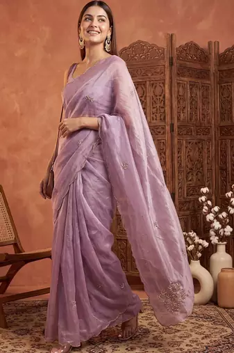 Lavender floral beads and stones tissue designer saree