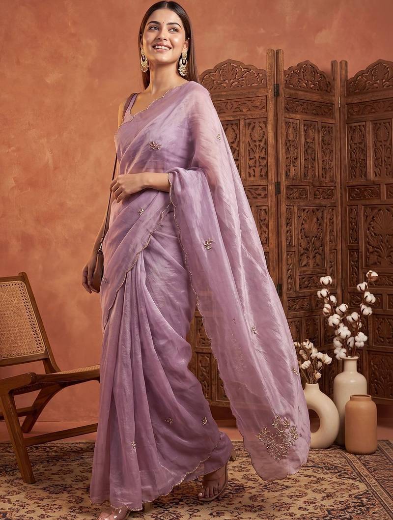 Lavender floral beads and stones tissue designer saree
