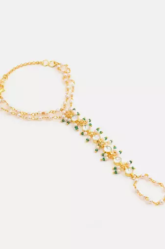 Gold plated kundan green beaded necklace set with maang tikka and haathphool