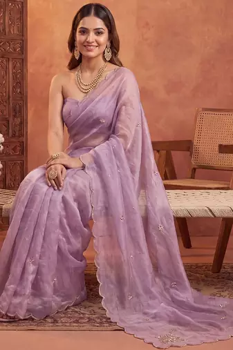 Lavender floral beads and stones tissue designer saree