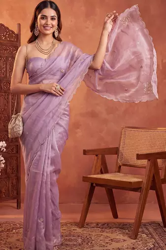 Lavender floral beads and stones tissue designer saree