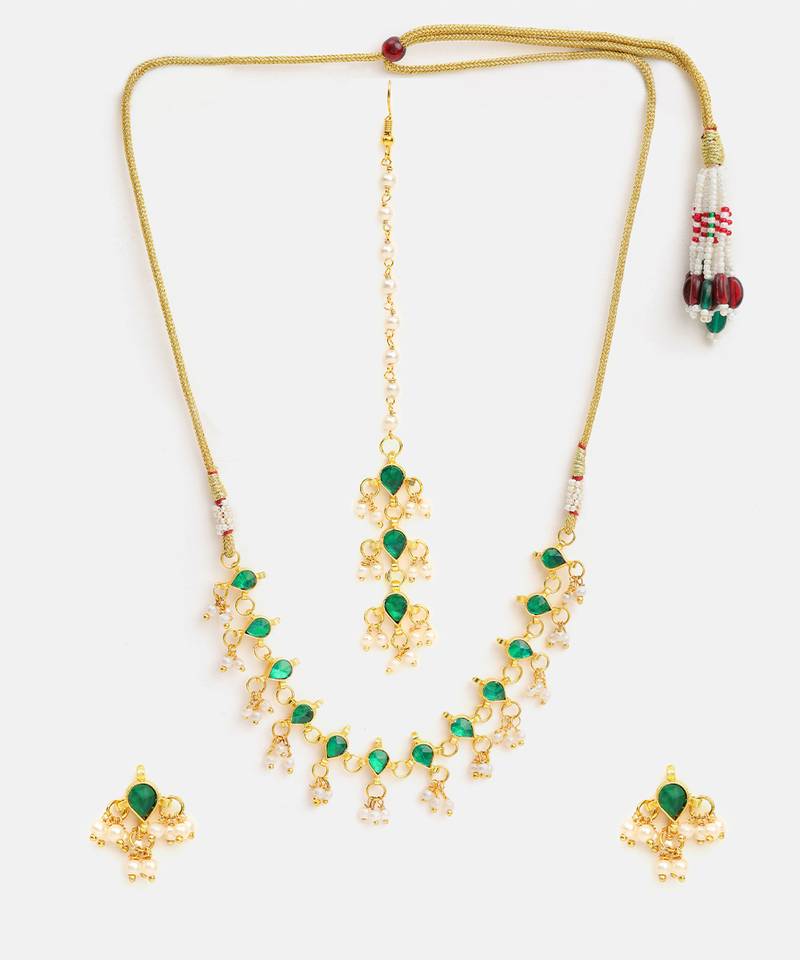 Gold plated kundan green stone necklace set with maang tikka and haathphool