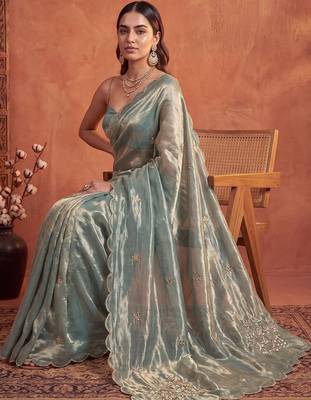 Teal floral embroidered tissue designer saree 1