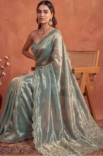 Teal floral embroidered tissue designer saree