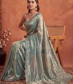 Teal floral embroidered tissue designer saree