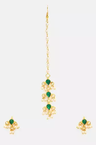 Gold plated kundan green stone necklace set with maang tikka and haathphool
