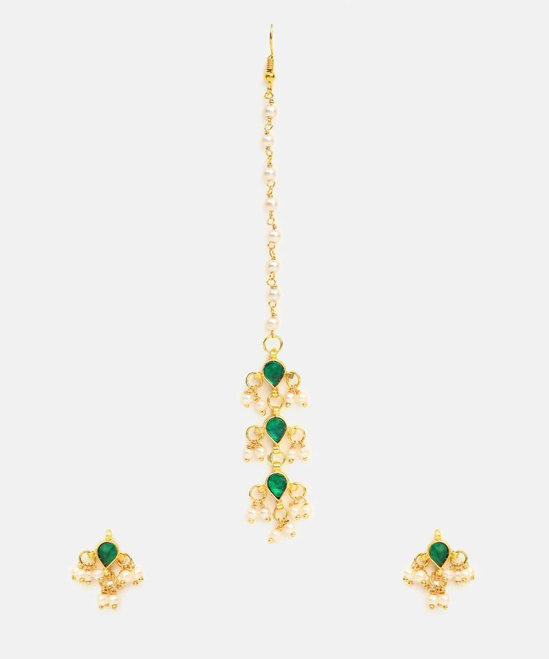 Gold plated kundan green stone necklace set with maang tikka and haathphool