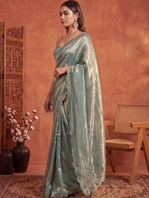Teal floral embroidered tissue designer saree 2
