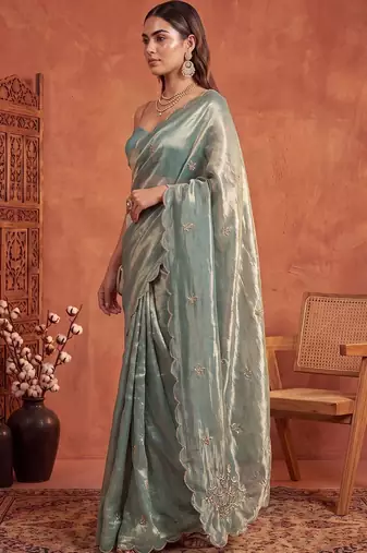 Teal floral embroidered tissue designer saree