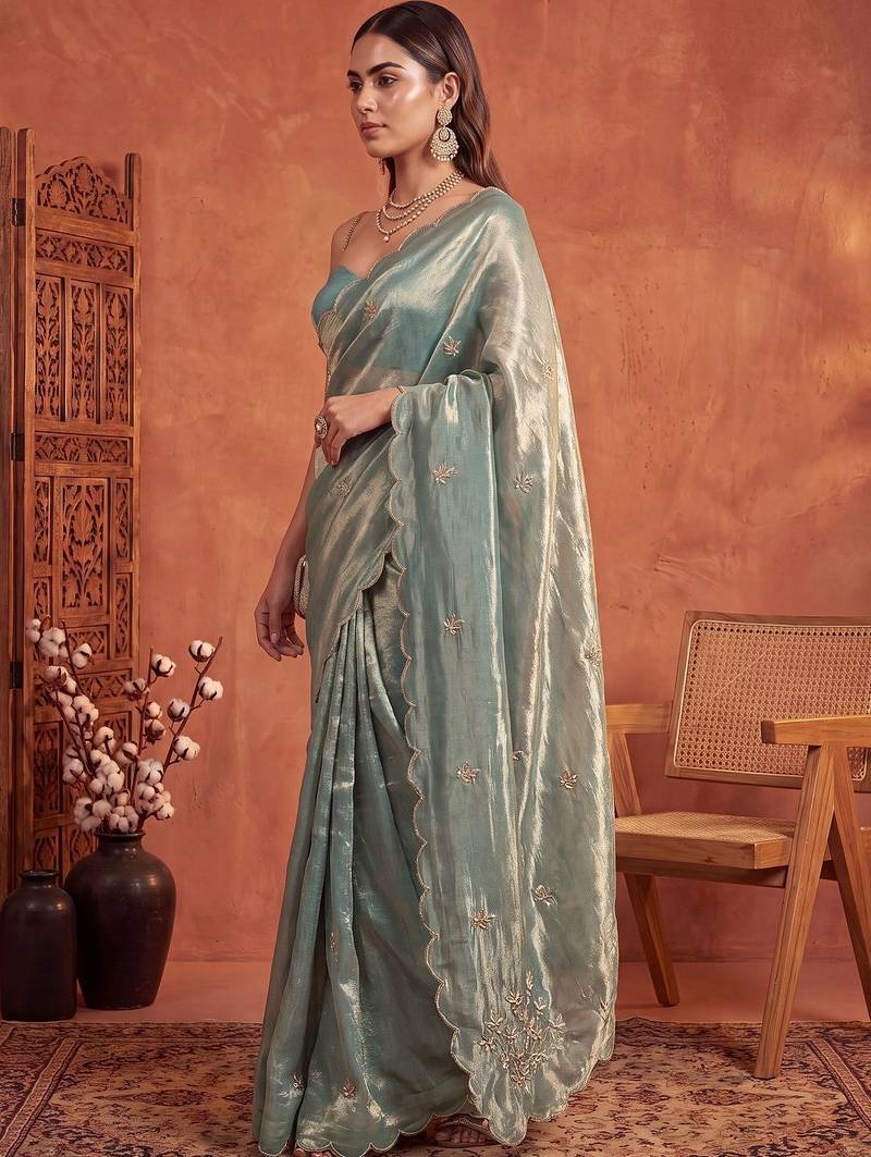 Teal floral embroidered tissue designer saree