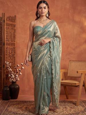 Teal floral embroidered tissue designer saree 3