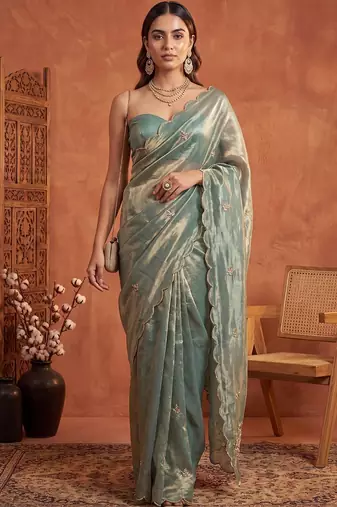 Teal floral embroidered tissue designer saree